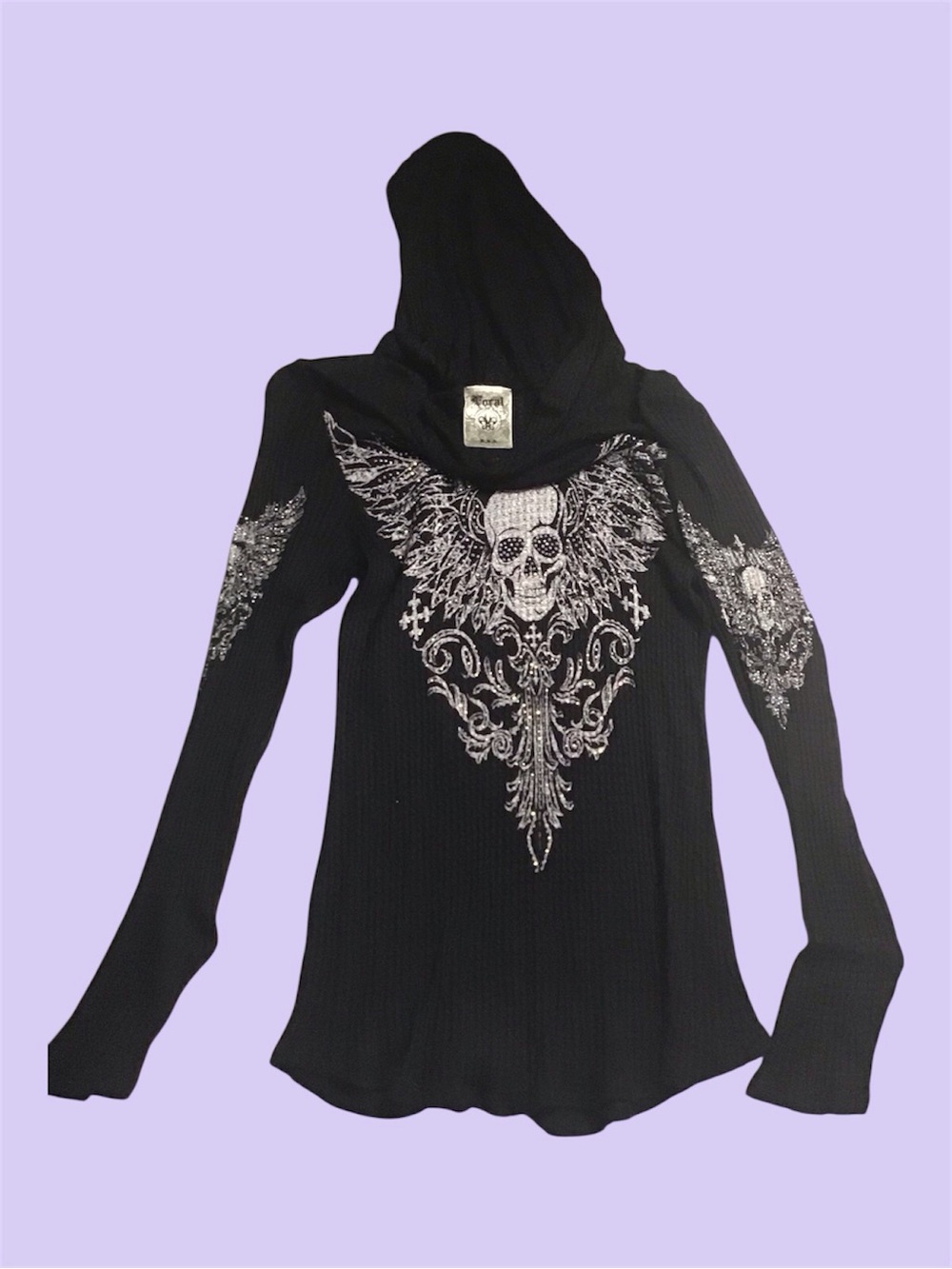 Black vocal apparel waffle hoodie Long-Sleeve with rhinestone Skull Wing Graphic
